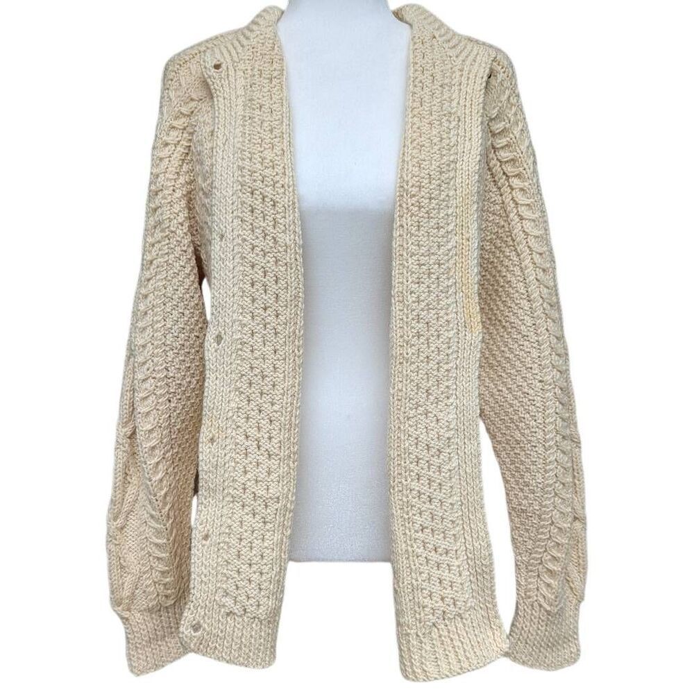 Fisherman Sweater Cardigan Off White Cream Heavy Cable Wood Buttons Unbranded - Picture 10 of 10